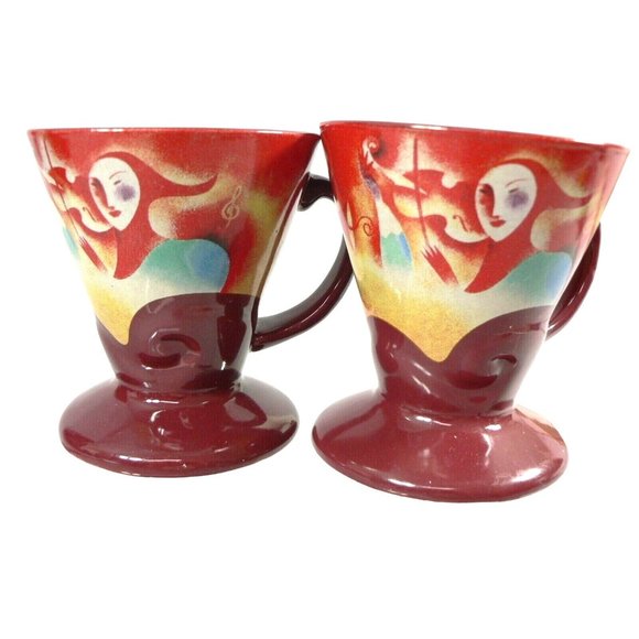 Expresso Cups Mardi Gras Jester Musical Image Signed Linda Frichtel 1999 in Gold - Picture 4 of 11